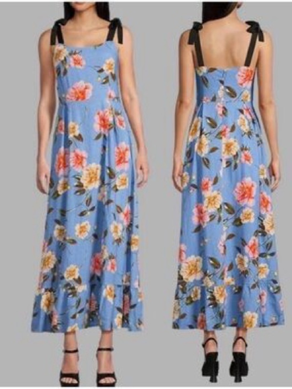GB Women Powder Blue Floral Maxi Dress with Black Tie Straps